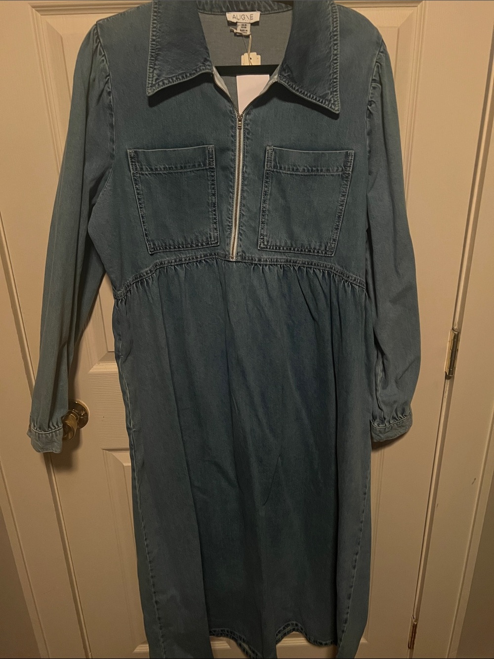 Washed Blue Long Sleeve Zip-Front Denim Maxi Dress